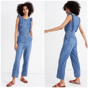 Madewell Denim Ruffle Sleeve Jumpsuit Blue